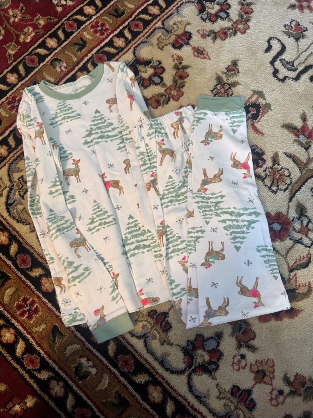 Kids White Reindeer & Green Tree Holiday Pajama Set
